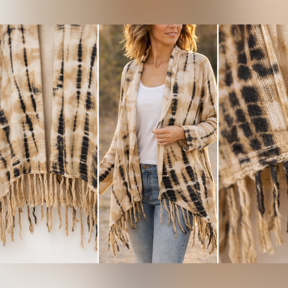 Soft Surroundings Boho Tie Dye Fringe Cardigan Cozy Open Front Wrap Medium